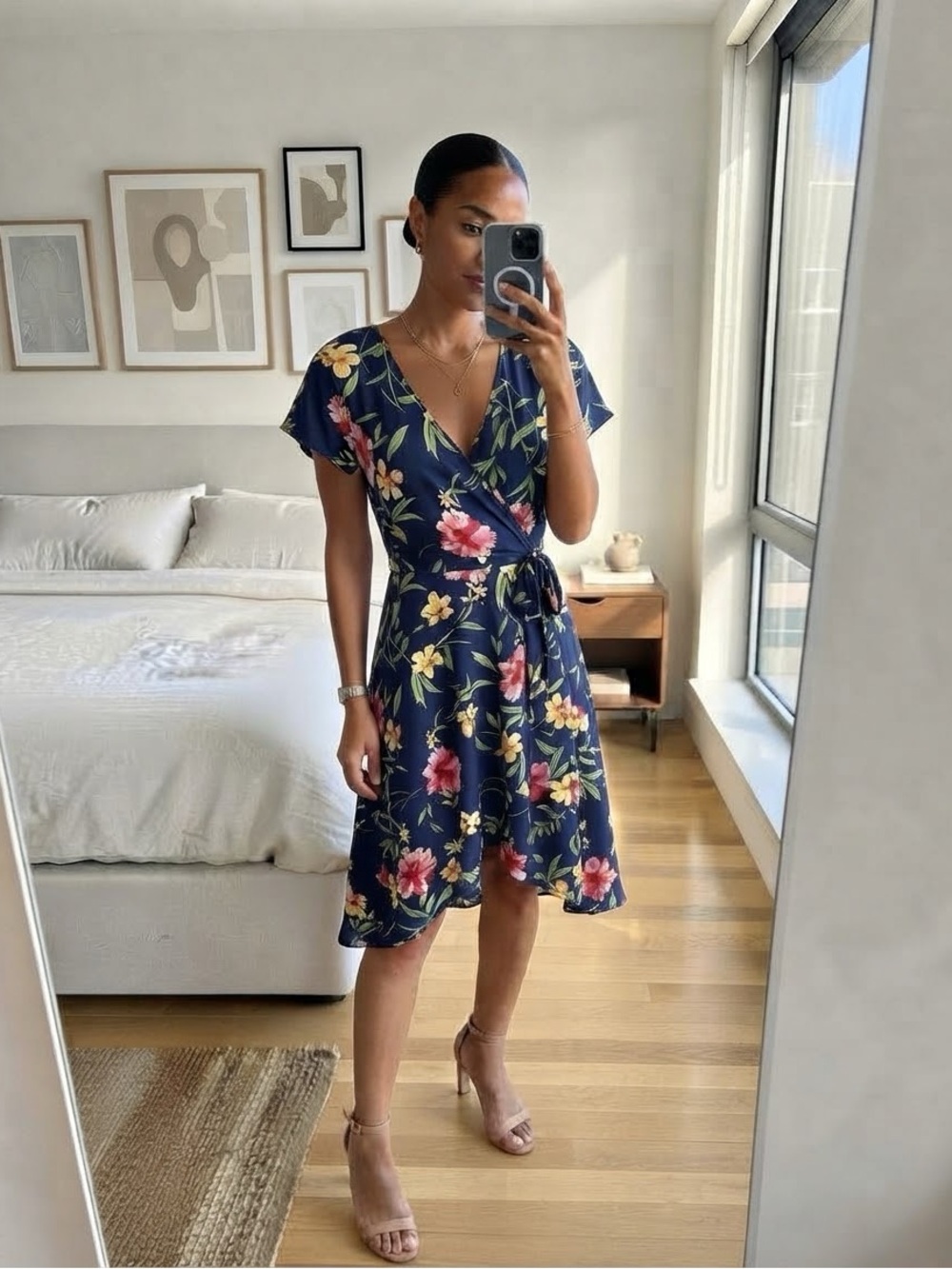 INC International Concepts Navy Floral Faux Wrap High Low Dress Size Large